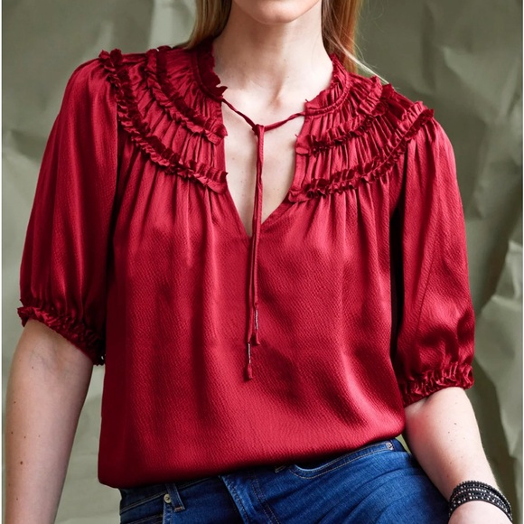 go BY GOSILK Frilled Top Bits Top - Sangria - Picture 1 of 1